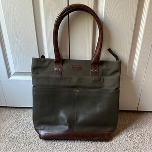 Orvis Green and Brown Leather Canvas Tote